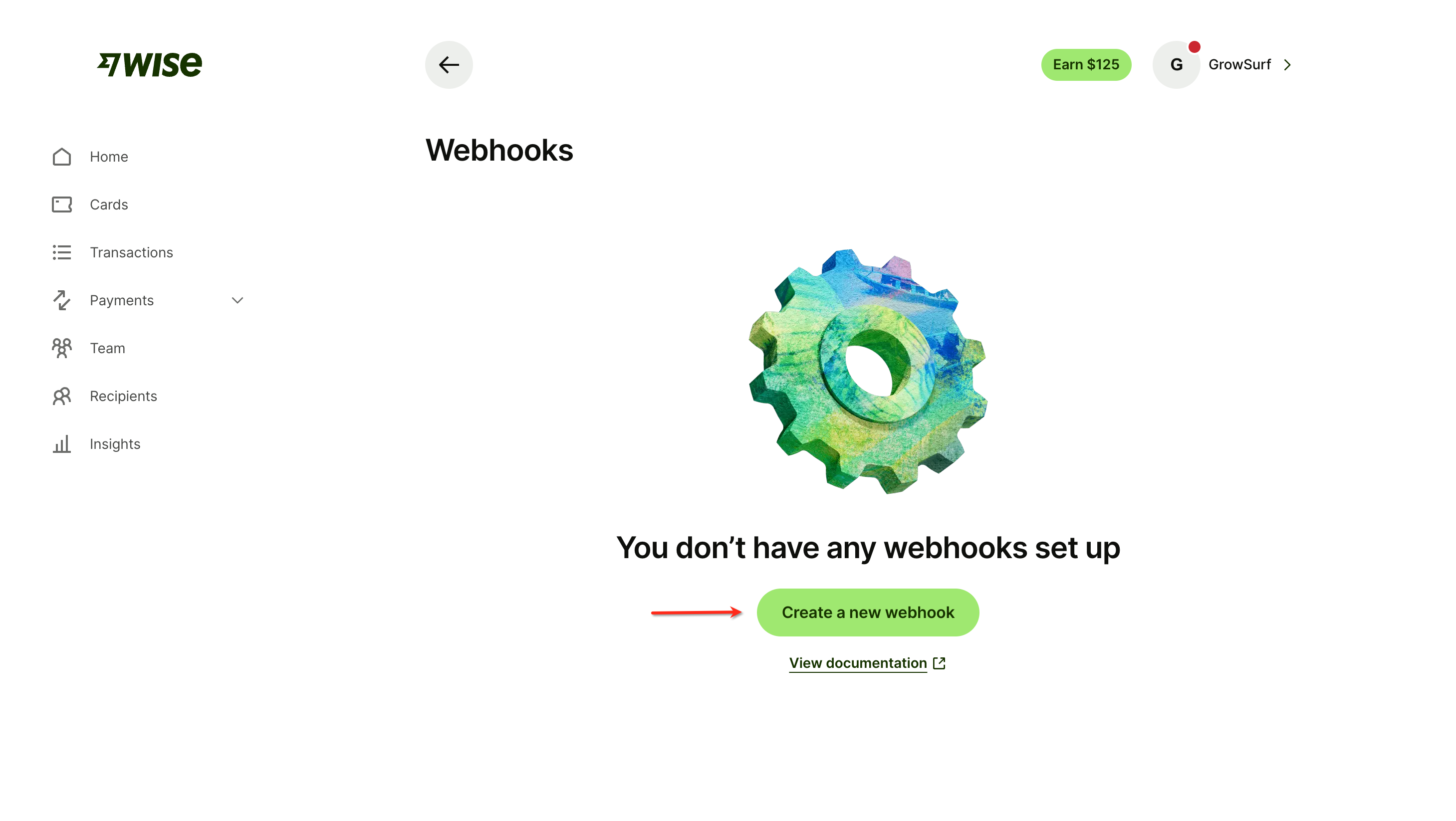 The Wise Webhooks page with the Create a new webhook button highlighted