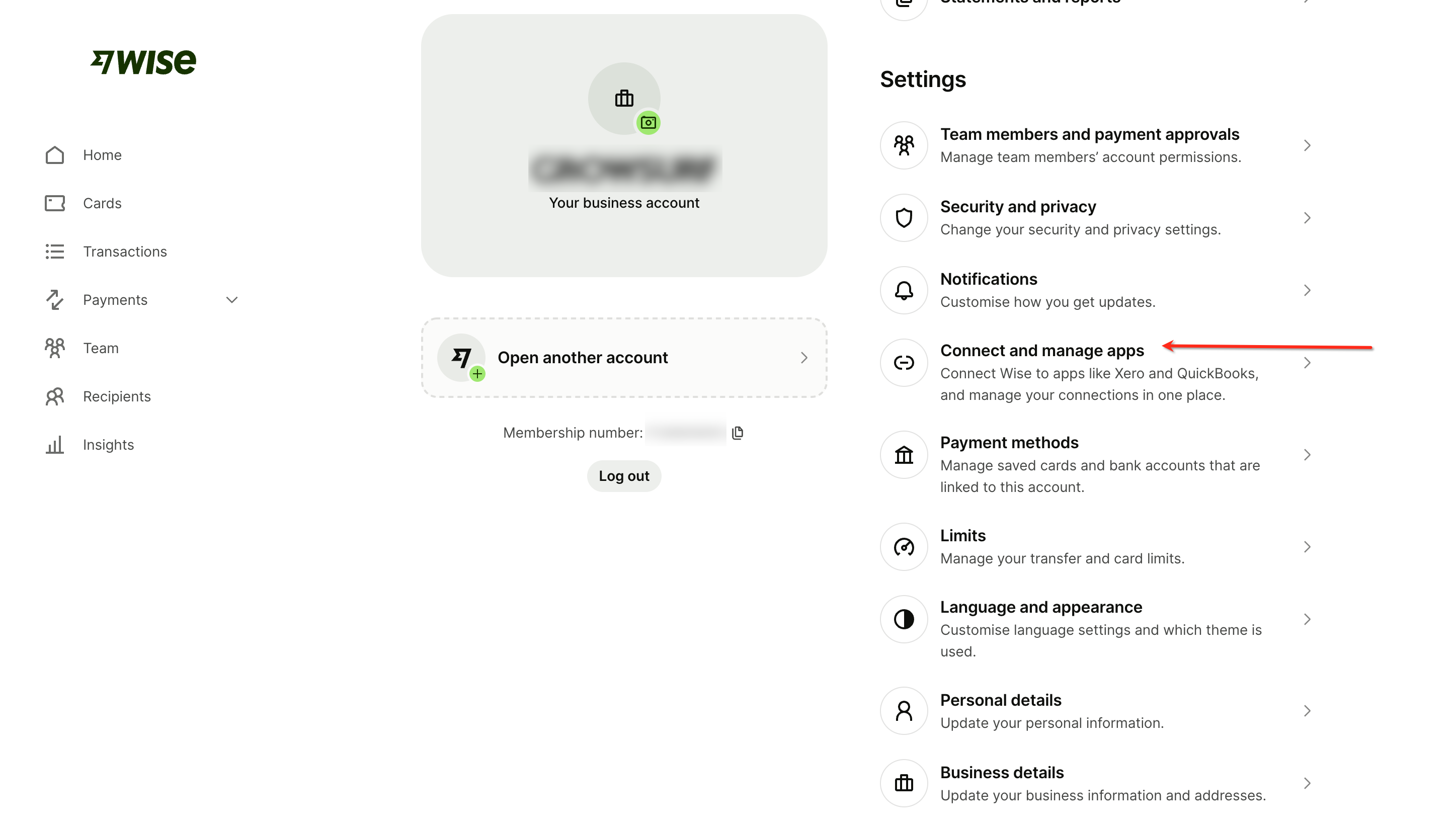 The Wise account settings list with Connect and manage apps highlighted