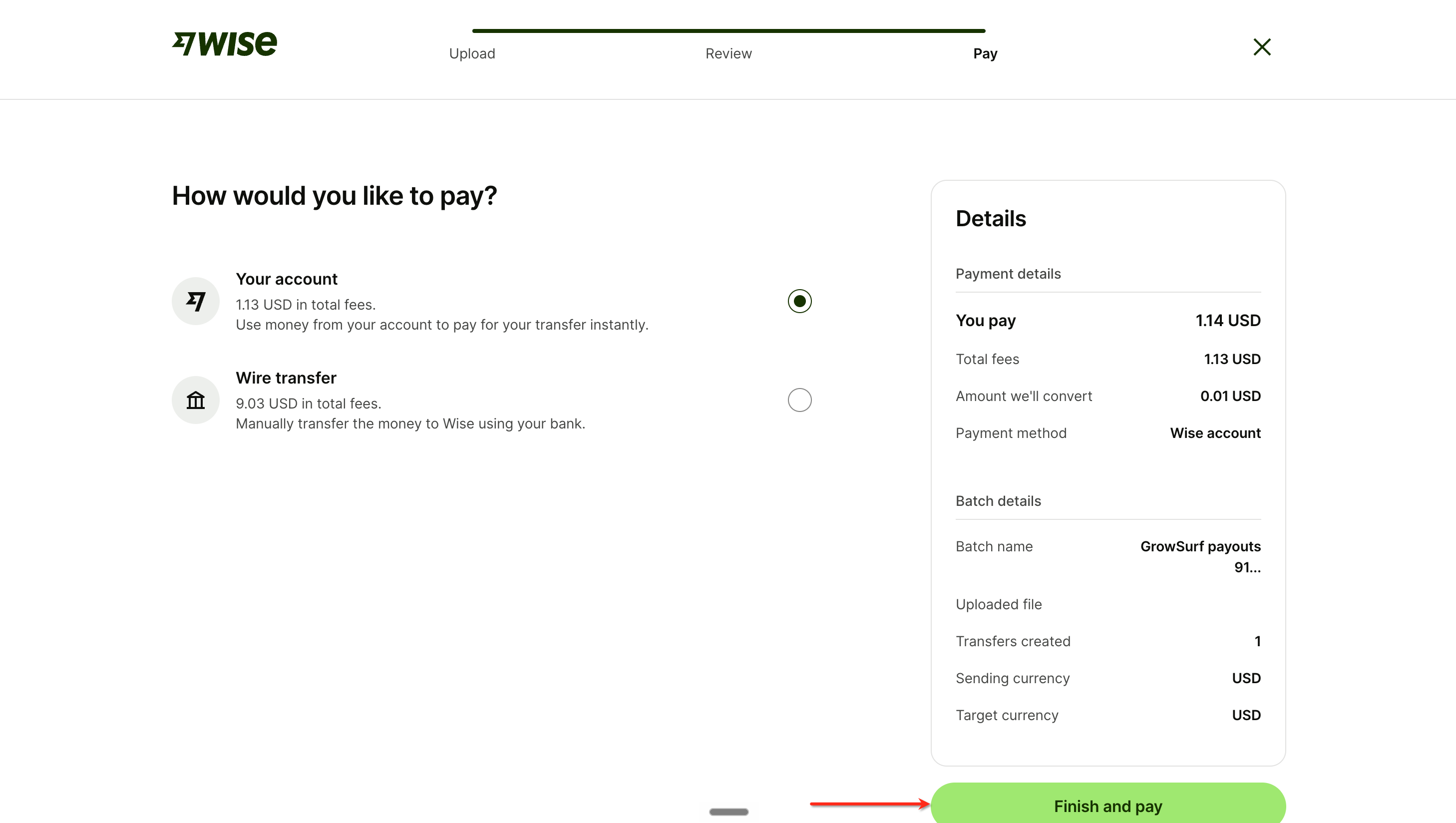 The Wise payment page with payment methods, fees, and Finish and pay highlighted