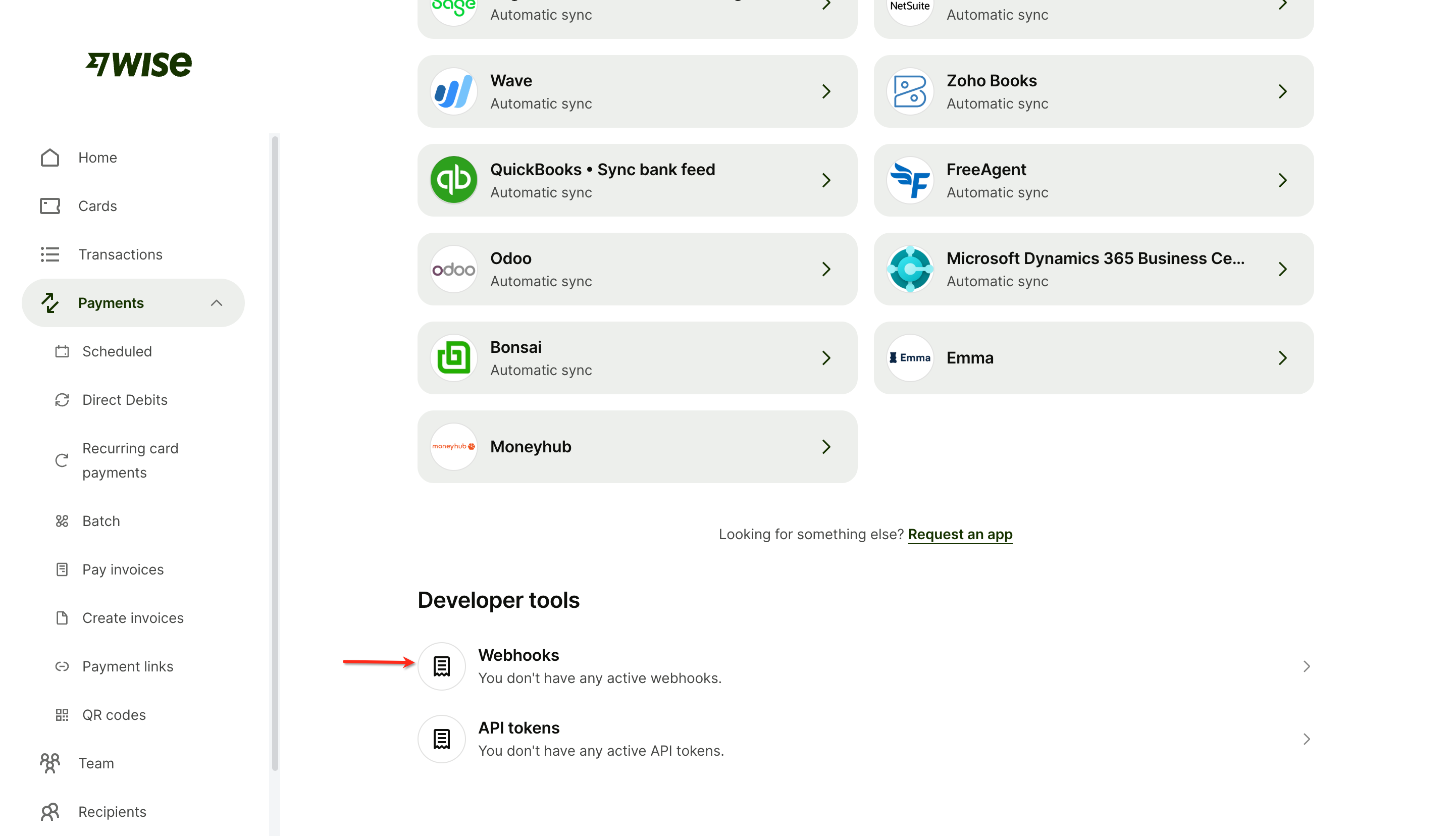 The Developer tools section in Wise with the Webhooks row highlighted