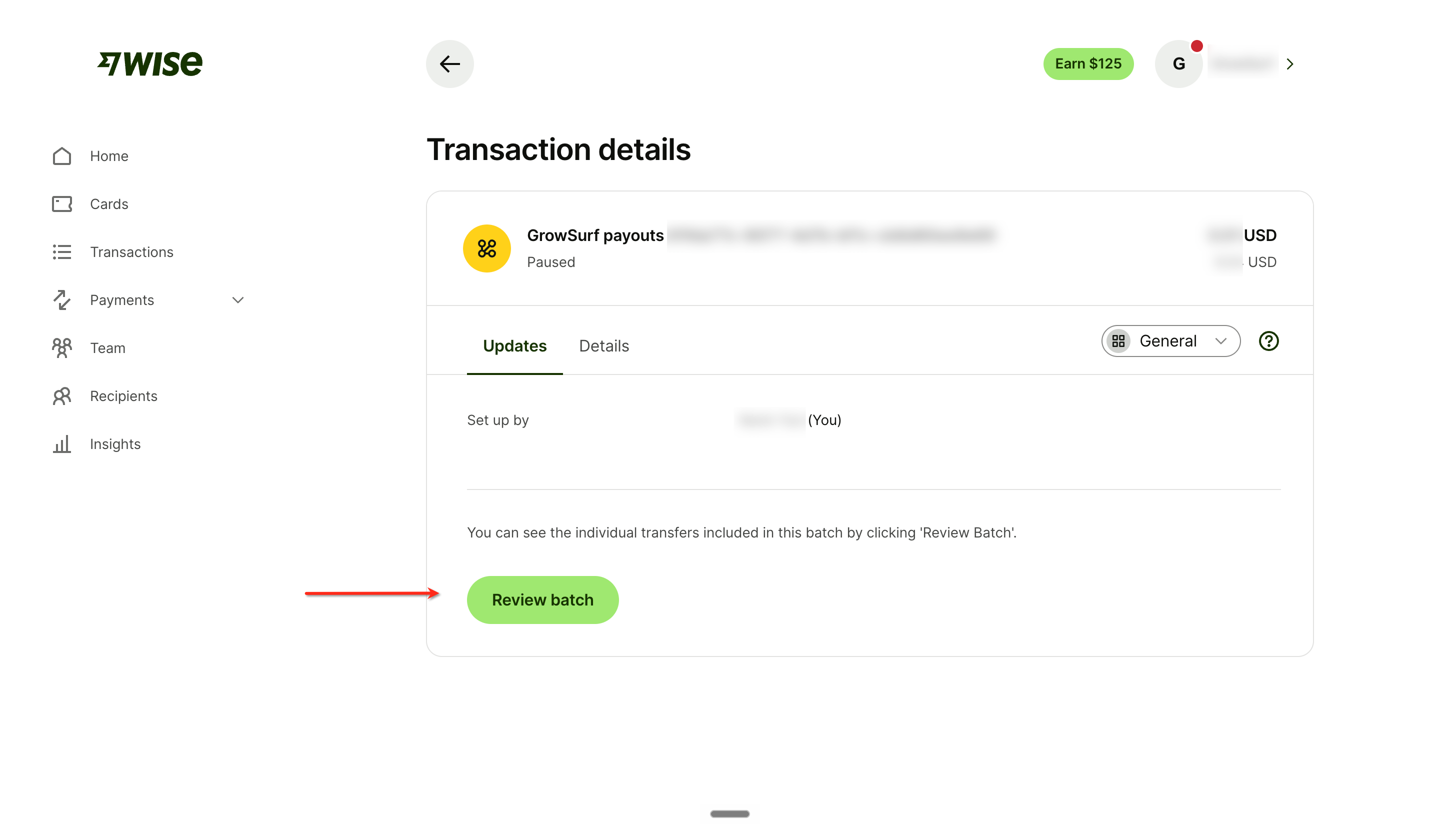 The Wise transaction details page with Review batch highlighted