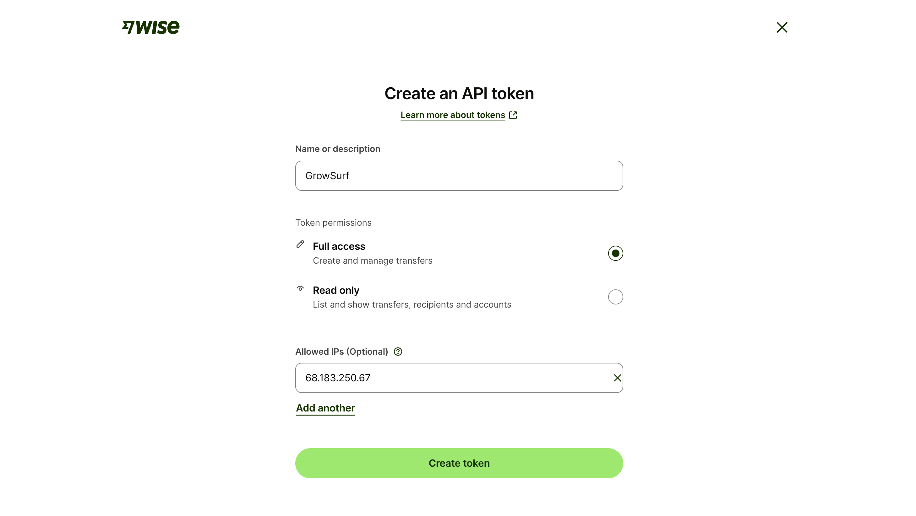 The Create an API token form filled out with the name GrowSurf, Full access permissions, and the GrowSurf IP address