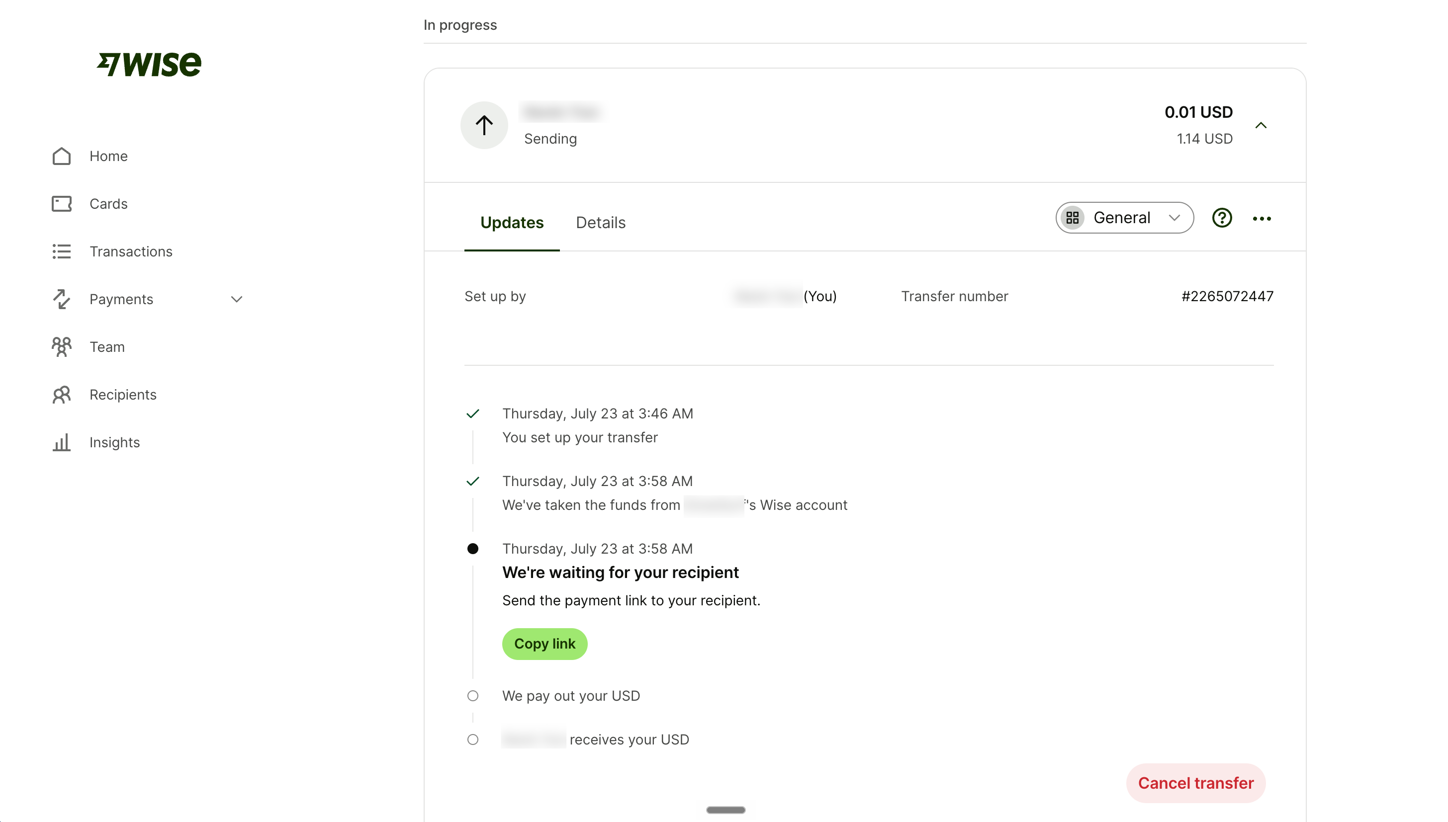 A funded Wise transfer waiting for the recipient to enter their details