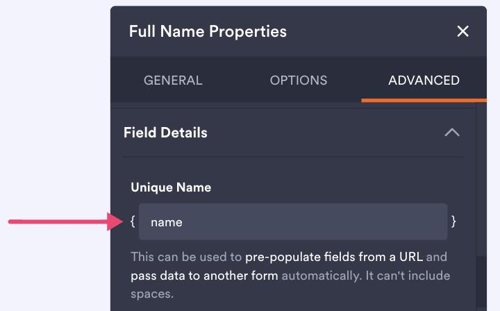 A Jotform field's Unique Name under Advanced, Field Details