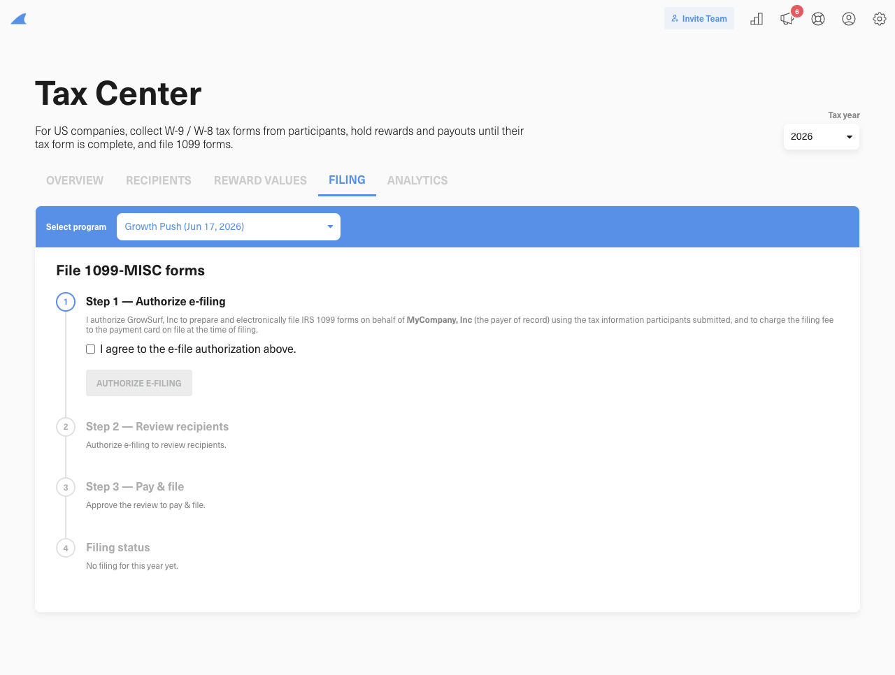 Authorize GrowSurf to e-file your 1099 forms