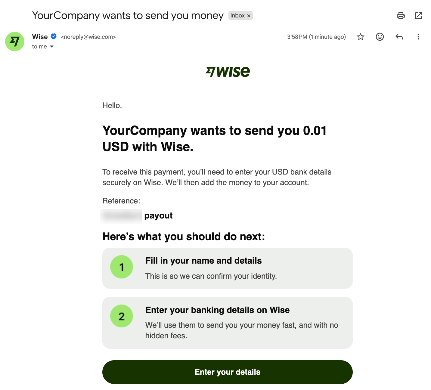 A Wise email asking the recipient to enter their details to receive a payout