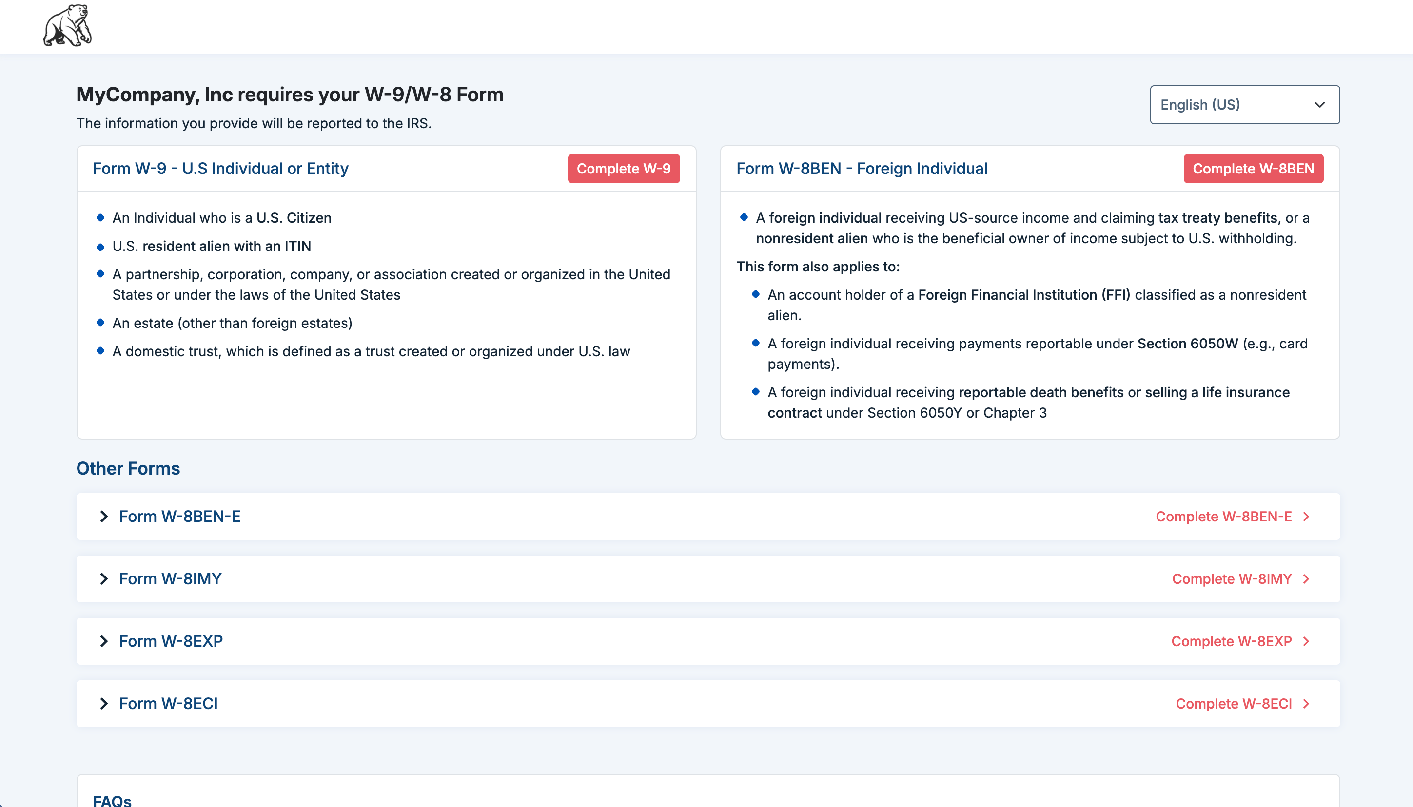 The secure hosted page where a participant chooses and completes their W-9 or W-8 tax form