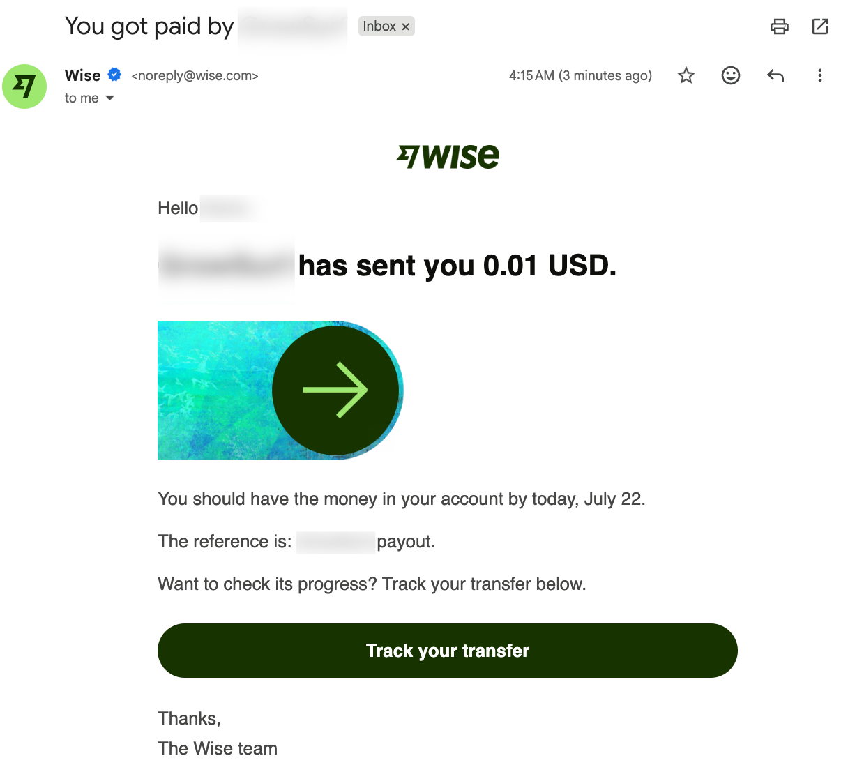 A Wise email confirming that the payout was sent