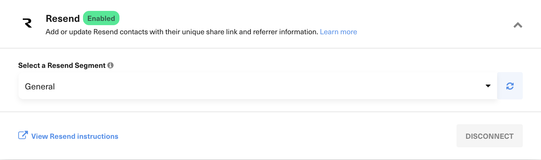 The enabled Resend integration with the General Segment selected in GrowSurf