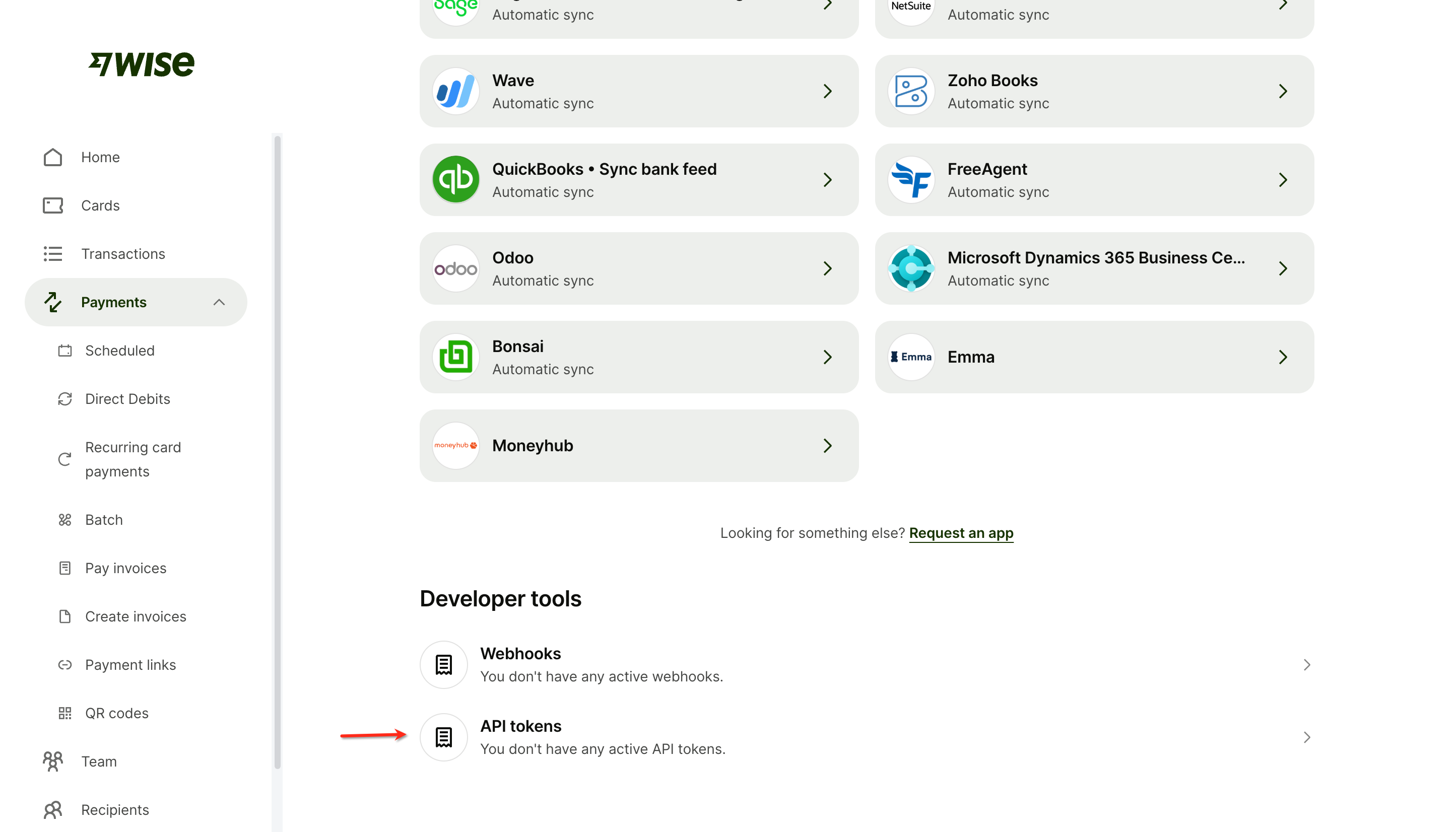 The Developer tools section in Wise with the API tokens row highlighted