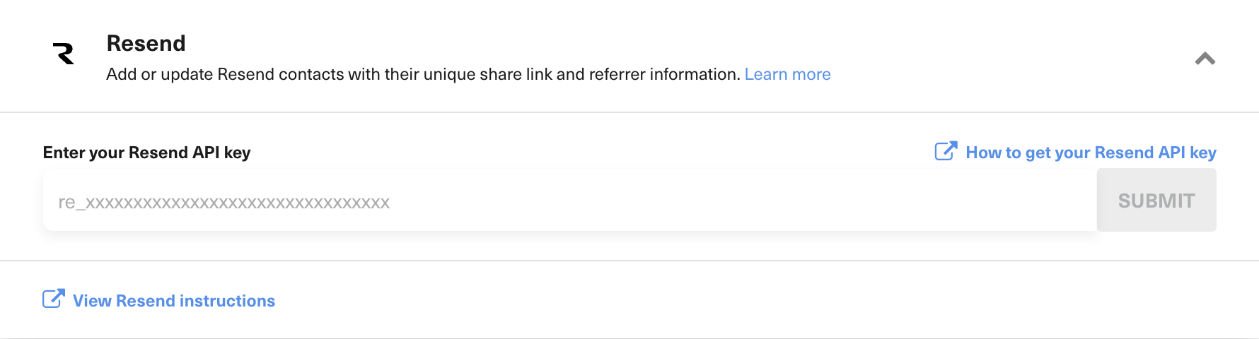 The Resend integration API key form in the GrowSurf Program Editor
