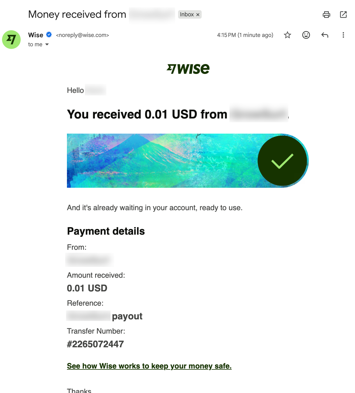 A Wise email confirming that the payout is available in the affiliate's account