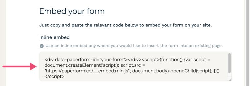 Paperform Share, Embed, with the inline embed code