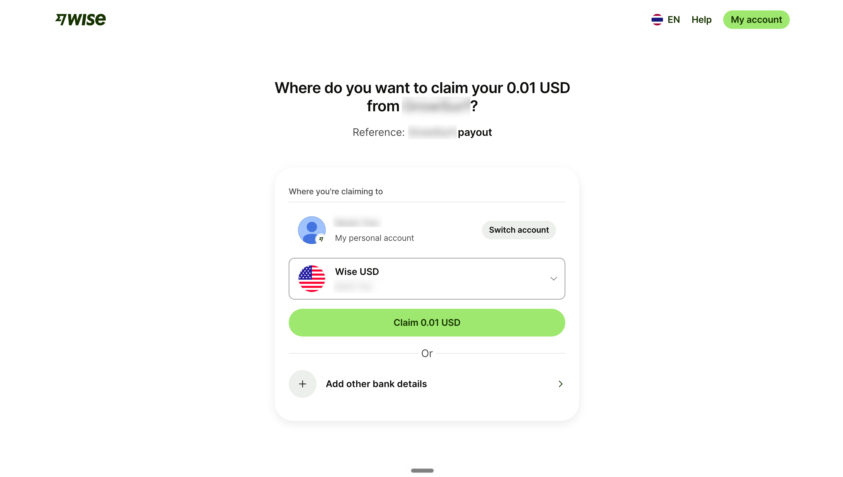 The Wise claim page where the affiliate chooses where to receive the payout