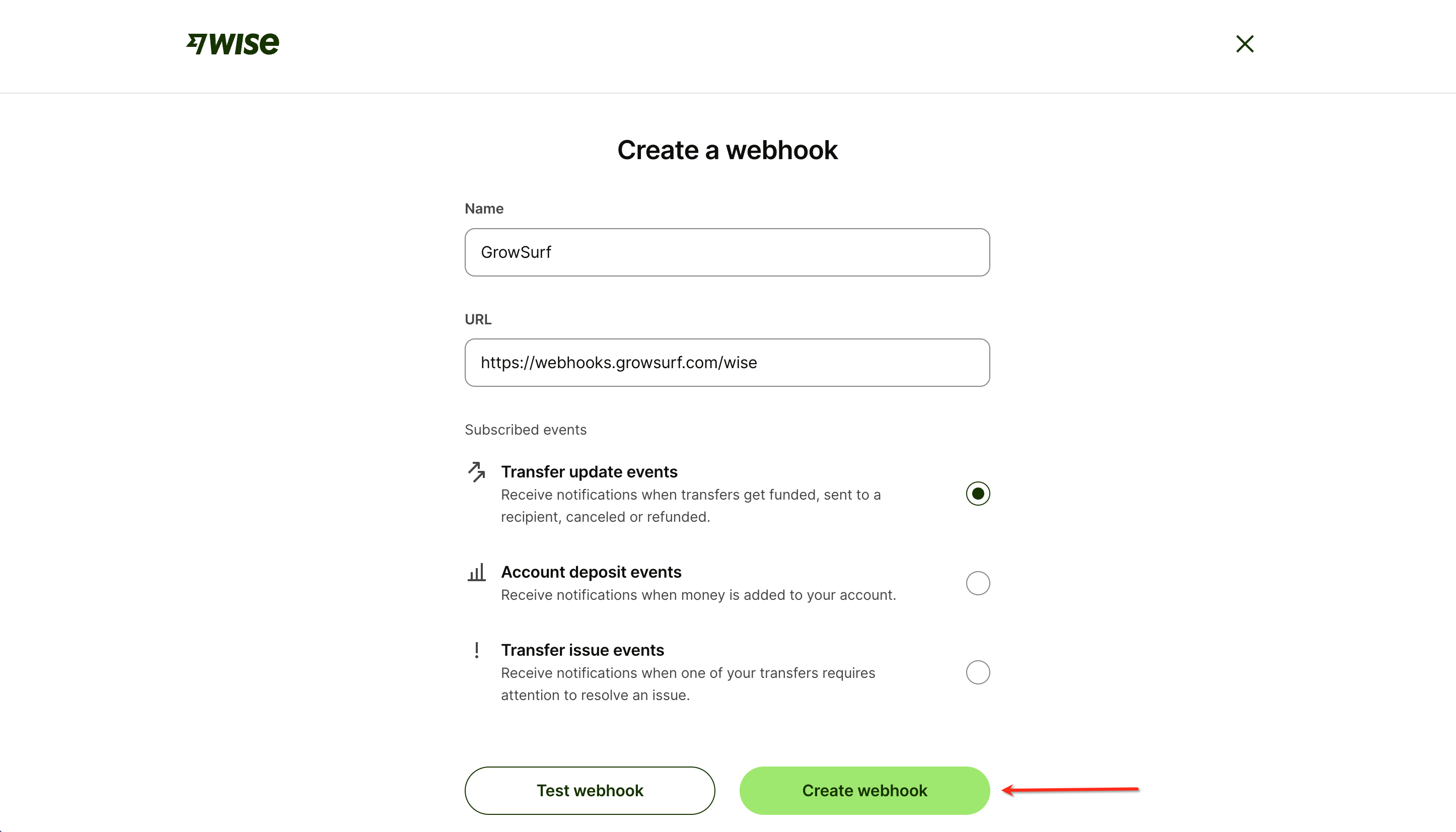 The Create a webhook form filled out with the name GrowSurf, the GrowSurf webhook URL, and Transfer update events selected