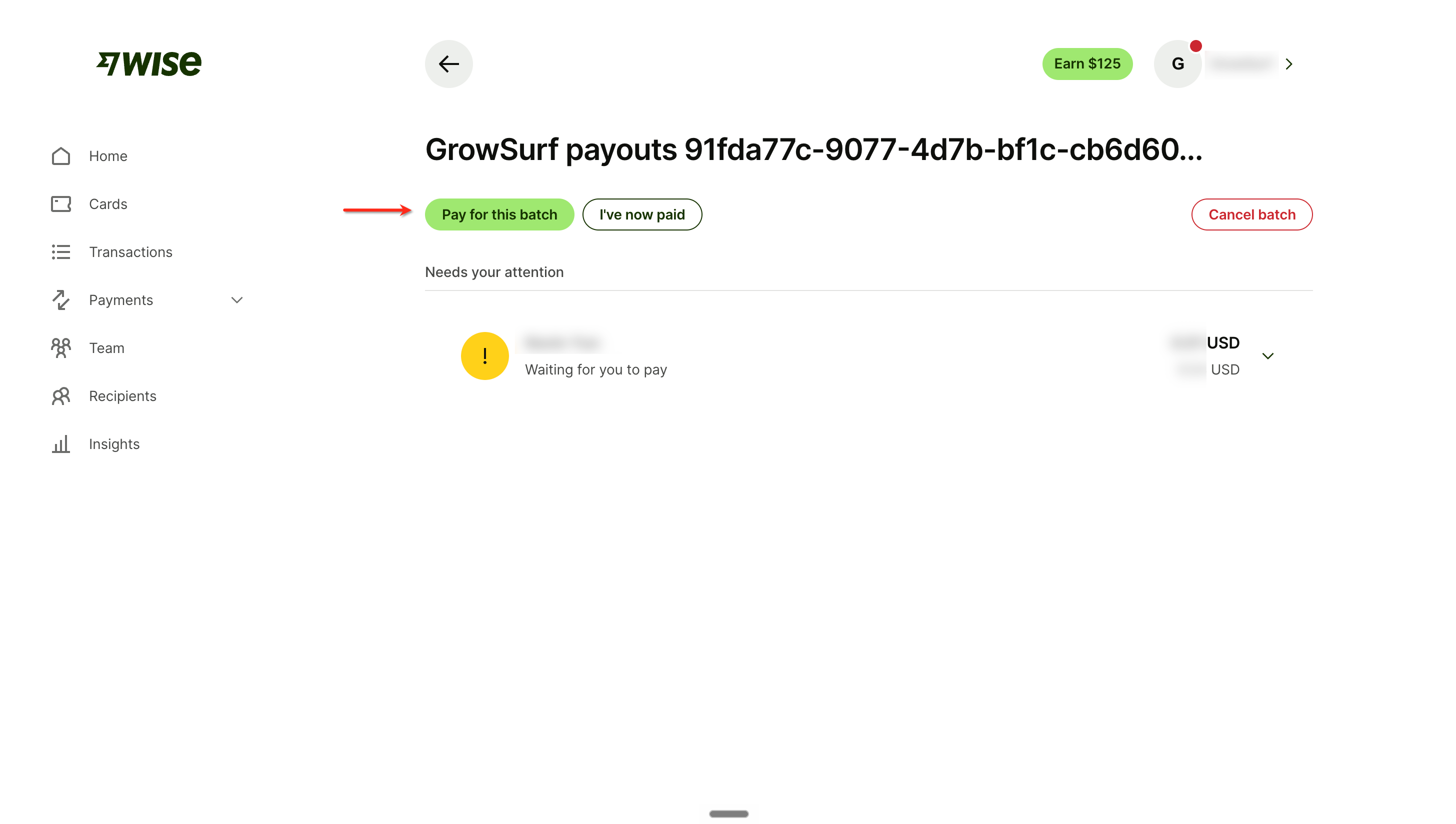 The Wise batch payments page with Pay for this batch highlighted
