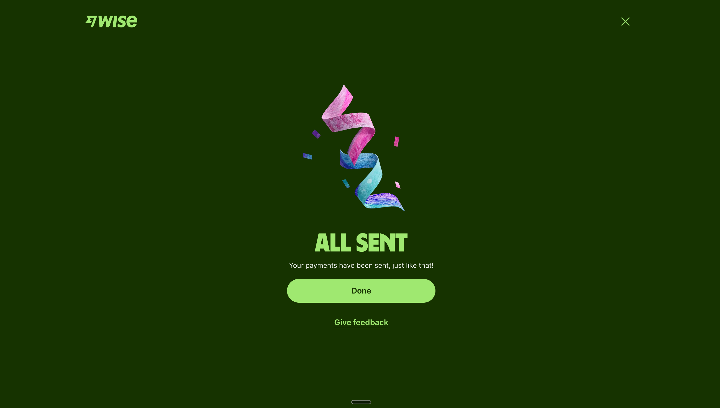 Wise confirmation that all payments in the batch have been sent