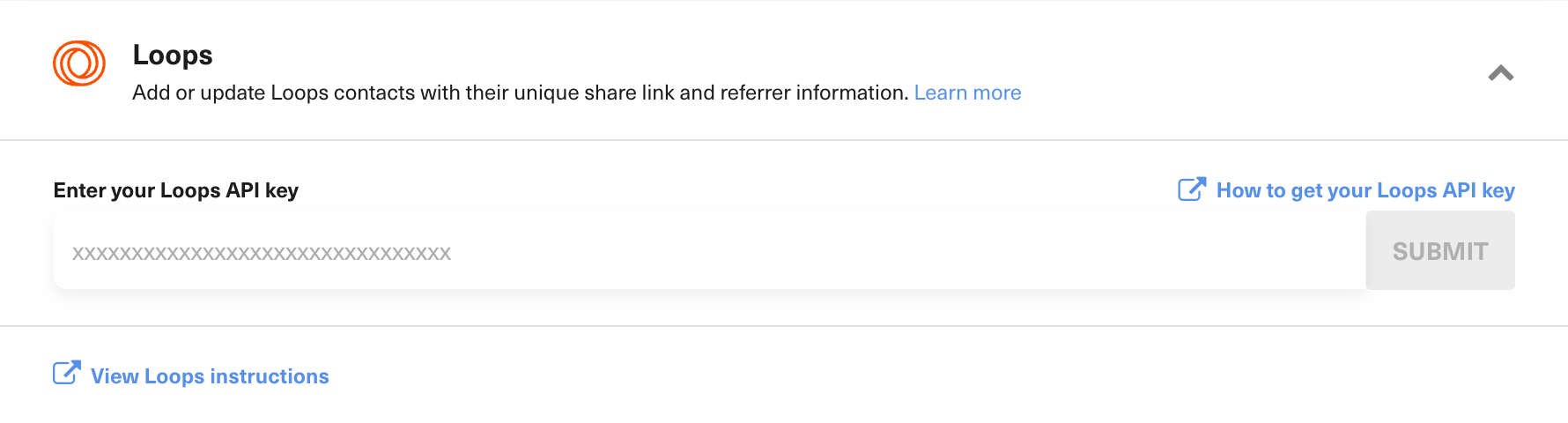 The Loops integration API key form in the GrowSurf Program Editor