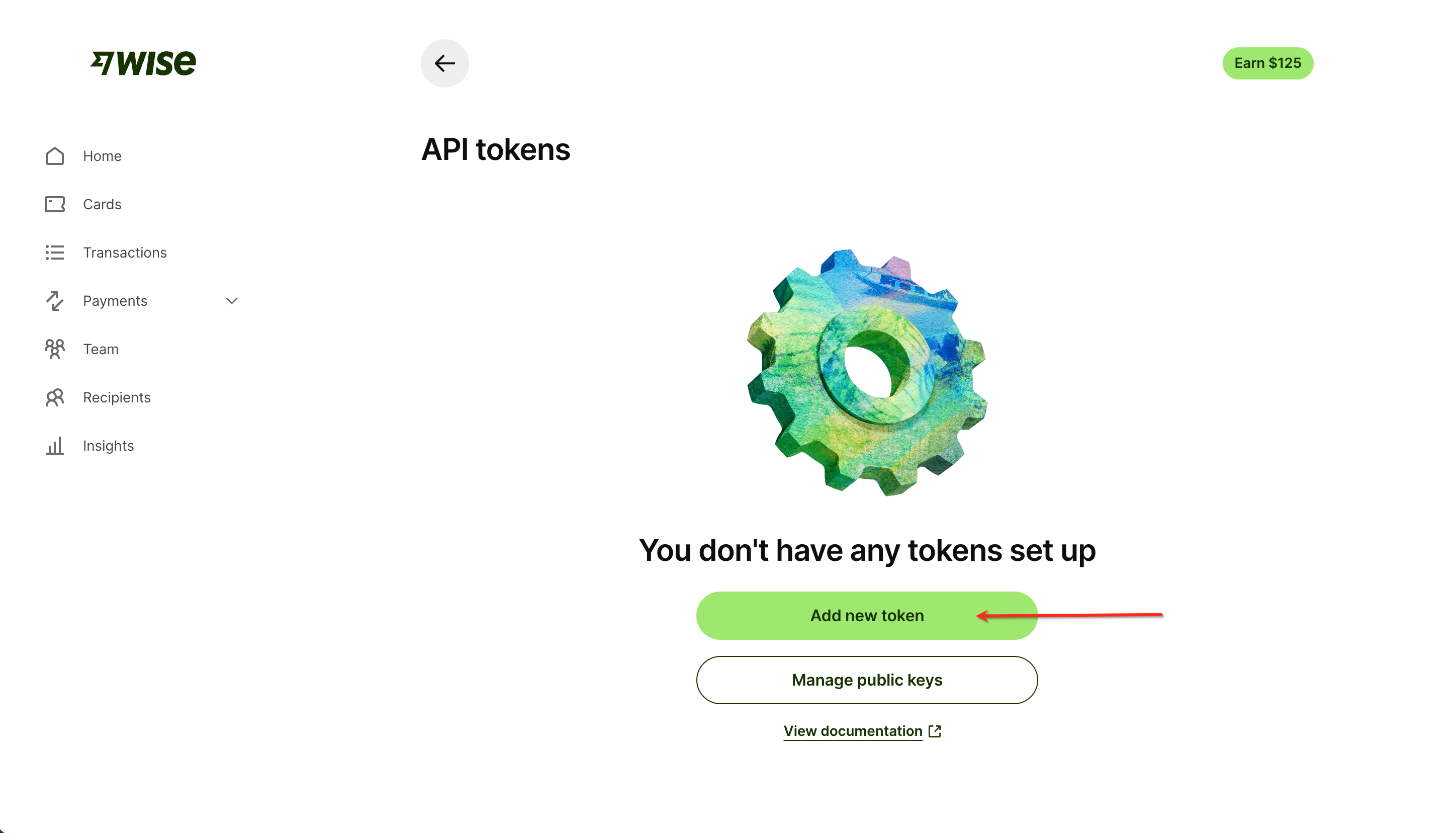 The Wise API tokens page with the Add new token button highlighted